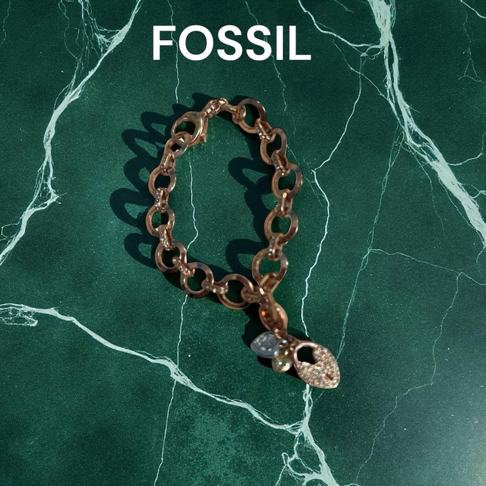 Fossil Rose Gold Charm Bracelet w TriColor ♥️Charm Included EUC Stainless Steel